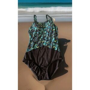 Gabar Women High Neck Abstract Bloom One Piece Swimsuit Black Blue Size 16 C Cup